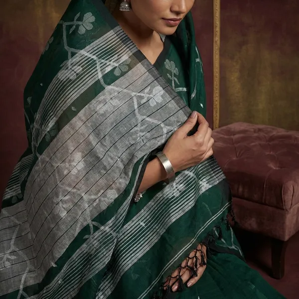 Karat_Nakshi_Work_Soft_Cotton_Jamdani_Saree_In_Phthalo_Green_And_Steel_Grey