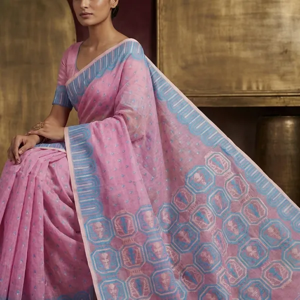 Hand_Woven_Jamdani_Saree_In_Pink_Blue_And_Off_White