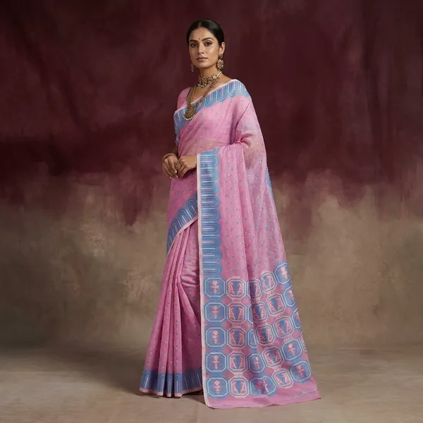 Hand_Woven_Jamdani_Saree_In_Pink_Blue_And_Off_White
