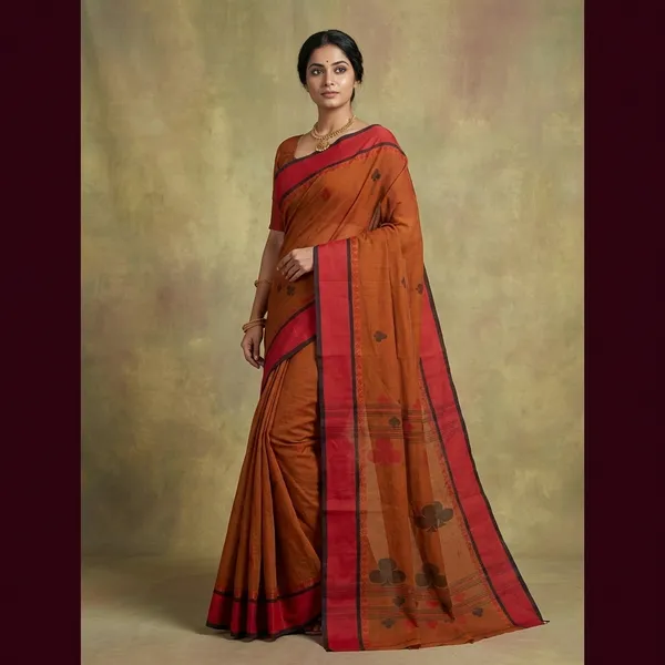 Woven_Matta_Nakshi_Border_Premium_Quality_Bengal_Handloom_Cotton_Saree_In_Ginger_Brown_Dark_Red_And_Black