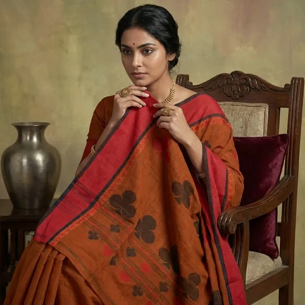 Woven_Matta_Nakshi_Border_Premium_Quality_Bengal_Handloom_Cotton_Saree_In_Ginger_Brown_Dark_Red_And_Black