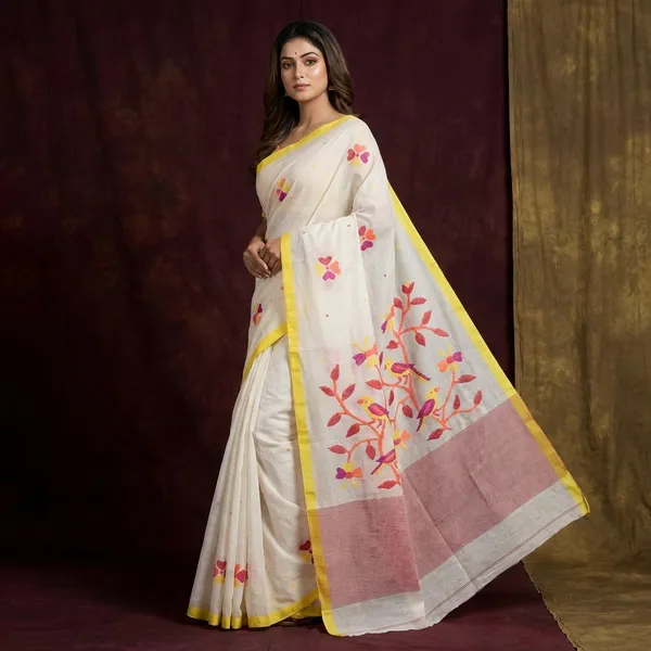 Hand_Work_Nakshi_Butta_Cotton_Dhakai_Jamdani_Saree_In_Off_White_Yellow_Hot_Pink_Orange_And_Red
