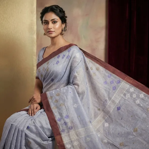 Poth_Border_Karat_Woven_Work_Pure_Cotton_Jamdani_Saree_In_Cool_Grey_Brown_And_Multicolor_Thread_Work
