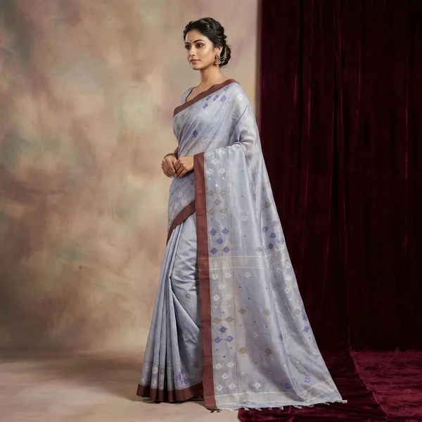 Poth_Border_Karat_Woven_Work_Pure_Cotton_Jamdani_Saree_In_Cool_Grey_Brown_And_Multicolor_Thread_Work