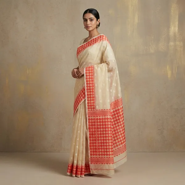 Hand_Woven_Solapuri_Rhombus_Work_Jamdani_Saree_In_Light_Beige_Off_White_And_Orange