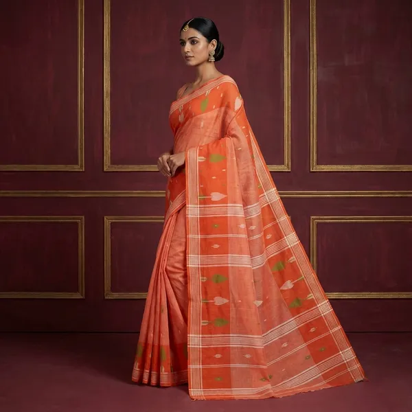 Traditional_Hand_Karat_Work_Cotton_Jamdani_Saree_In_Flame_Orange_Green_And_Off_White_Thread_Work