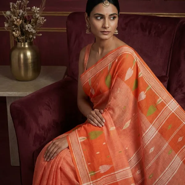 Traditional_Hand_Karat_Work_Cotton_Jamdani_Saree_In_Flame_Orange_Green_And_Off_White_Thread_Work