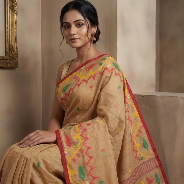 Hand_Karat_Needle_Woven_Work_Pure_Cotton_Bengal_Jamdani_Saree_In_Beige_With_Red_Selvage_And_Multicolor_Thread_Work