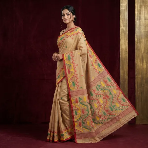 Hand_Karat_Needle_Woven_Work_Pure_Cotton_Bengal_Jamdani_Saree_In_Beige_With_Red_Selvage_And_Multicolor_Thread_Work