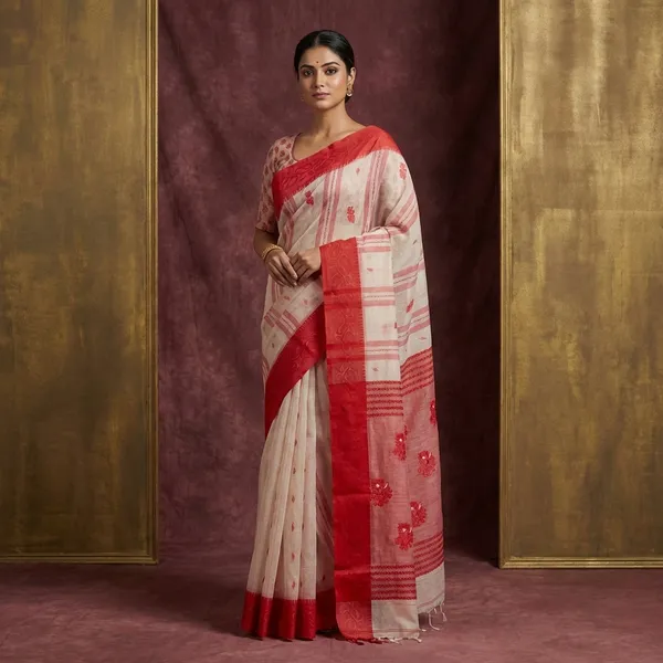 Sil_Nakshi_Border_Bengal_Handloom_Cotton_Bomkai_Saree_In_Off_White_And_Red_Thread_Work