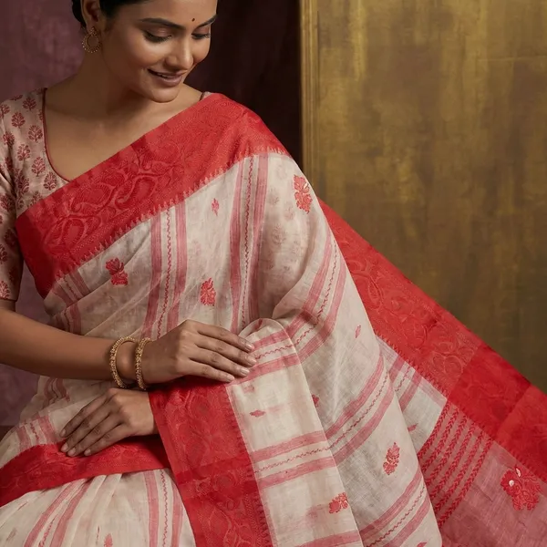 Sil_Nakshi_Border_Bengal_Handloom_Cotton_Bomkai_Saree_In_Off_White_And_Red_Thread_Work
