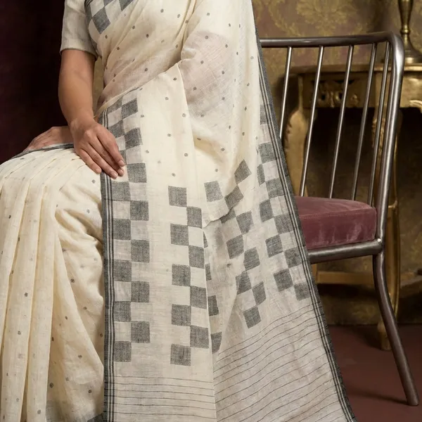 Hand_Woven_Pure_Cotton_Bengal_Jamdani_Saree_In_Warm_White_And_Black_Thread_Work