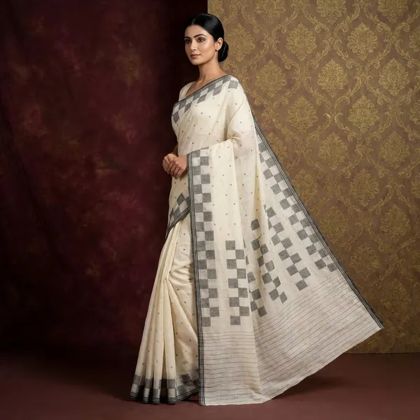 Hand_Woven_Pure_Cotton_Bengal_Jamdani_Saree_In_Warm_White_And_Black_Thread_Work