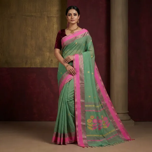 Woven_Matta_Nakshi_Border_Premium_Quality_Bengal_Handloom_Cotton_Saree_In_Paste_Green_Taffy_Pink_And_Parmesan