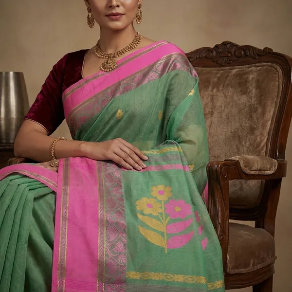 Woven_Matta_Nakshi_Border_Premium_Quality_Bengal_Handloom_Cotton_Saree_In_Paste_Green_Taffy_Pink_And_Parmesan