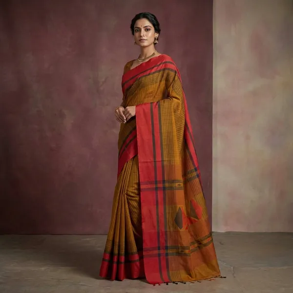 Self_Woven_Checks_And_Stripes_Matta_Bomkai_Premium_Quality_Bengal_Handloom_Cotton_Saree_In_Ochre_Black_And_Red