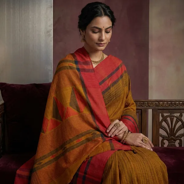 Self_Woven_Checks_And_Stripes_Matta_Bomkai_Premium_Quality_Bengal_Handloom_Cotton_Saree_In_Ochre_Black_And_Red