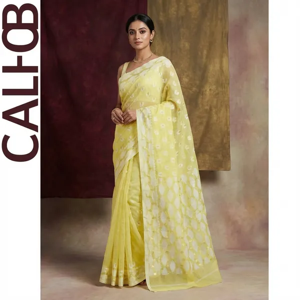Self_Woven_Nakshi_Work_Cotton_Muslin_Jamdani_Saree_In_Yellow_Off_White_And_Golden