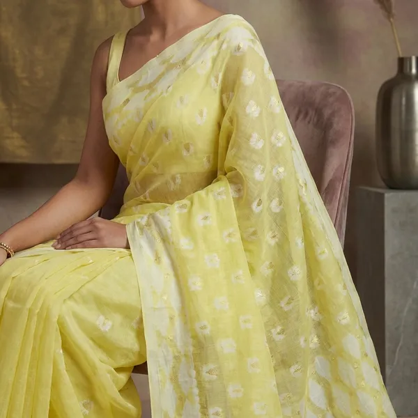 Self_Woven_Nakshi_Work_Cotton_Muslin_Jamdani_Saree_In_Yellow_Off_White_And_Golden