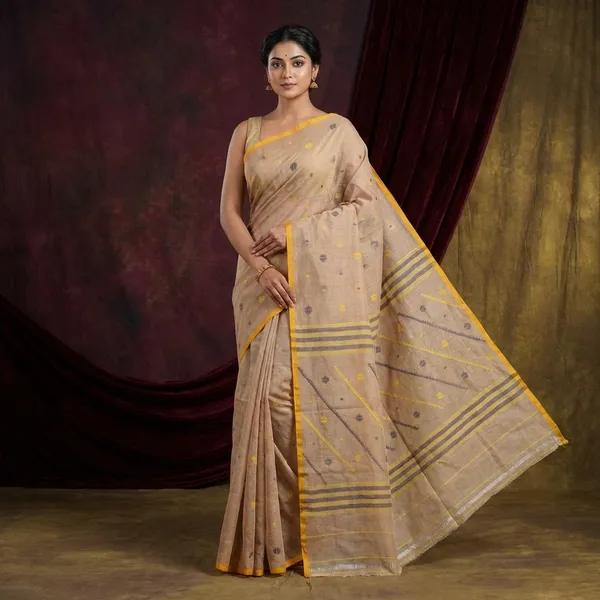 Traditional_Needle_Karat_Work_Poth_Jamdani_Saree_In_Biscotti_Bright_Yellow_And_Black
