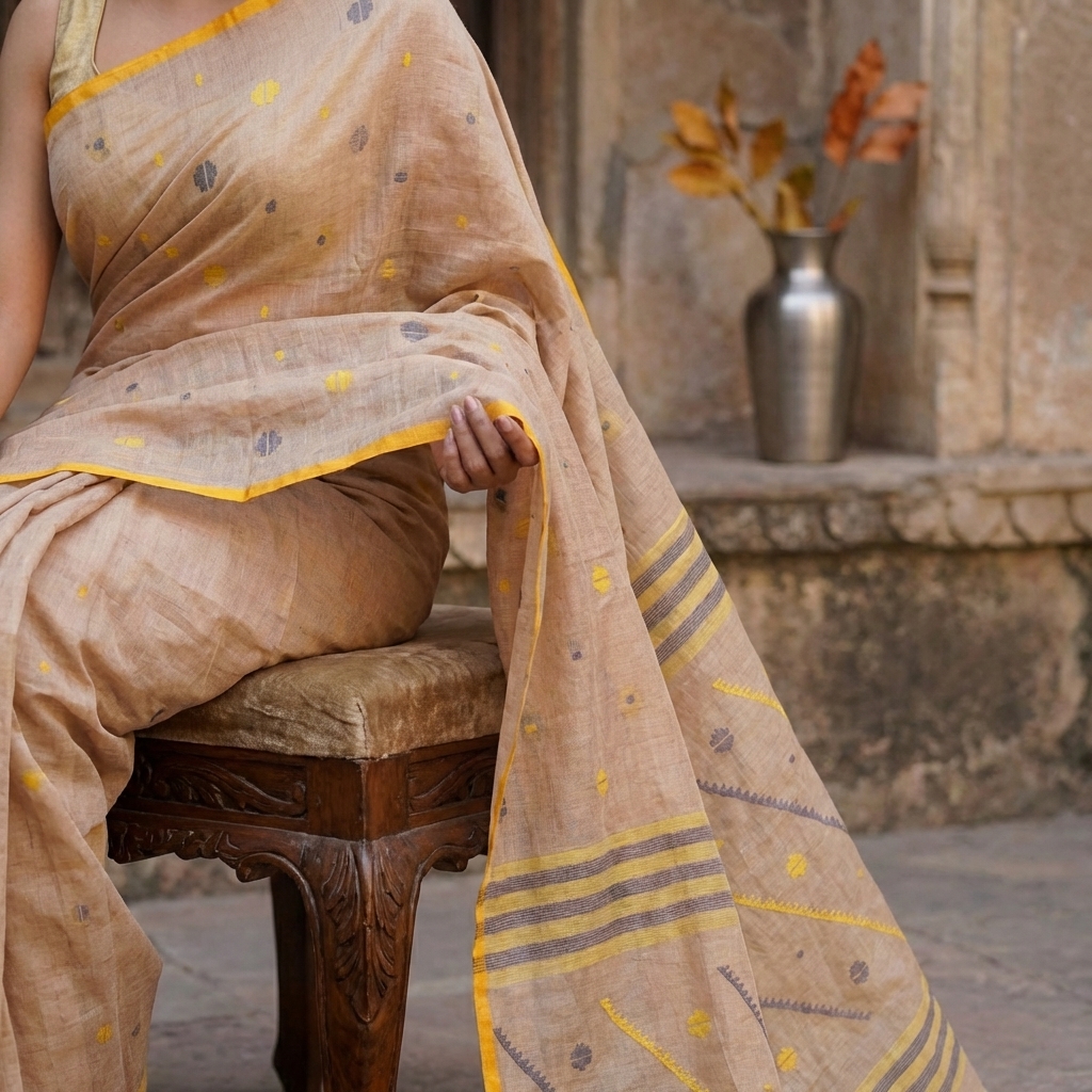 Traditional_Needle_Karat_Work_Poth_Jamdani_Saree_In_Biscotti_Bright_Yellow_And_Black