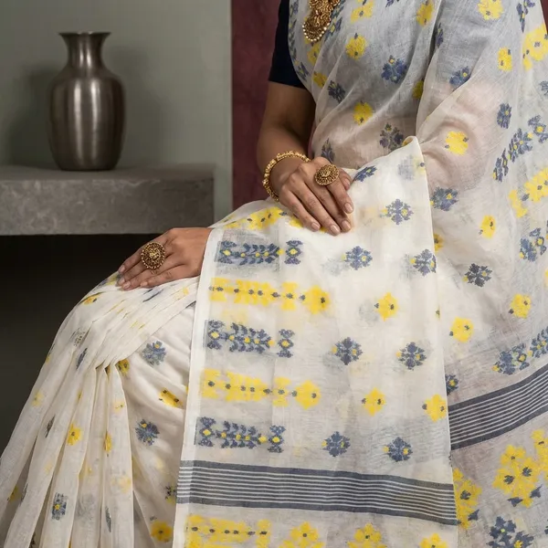 Woven_Nakshi_Work_Soft_Muslin_Jamdani_Saree_In_Off_White_Steel_Grey_And_Yellow