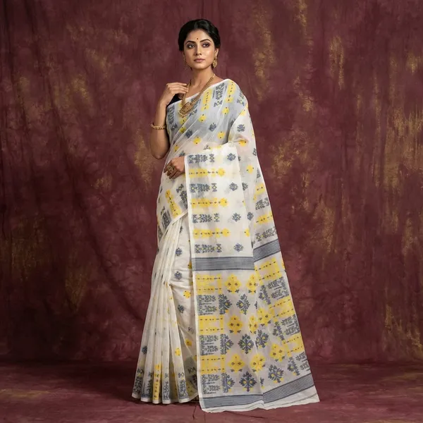Woven_Nakshi_Work_Soft_Muslin_Jamdani_Saree_In_Off_White_Steel_Grey_And_Yellow