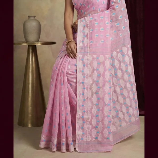 Self_Woven_Nakshi_Work_Cotton_Muslin_Jamdani_Saree_In_Light_Hot_Pink_Off_White_Blue_And_Golden
