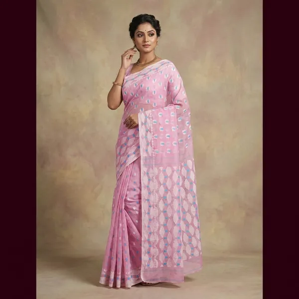 Self_Woven_Nakshi_Work_Cotton_Muslin_Jamdani_Saree_In_Light_Hot_Pink_Off_White_Blue_And_Golden