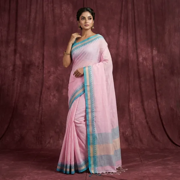 Medium_Nakshi_Border_Pure_Soft_Cotton_Saree_In_Baby_Pink_Sea_Green_And_Beige