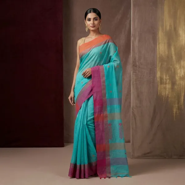 Woven_Matta_Nakshi_Ganga_Jamuna_Border_Premium_Quality_Bengal_Handloom_Cotton_Saree_In_Celeste_Blue_Magenta_And_Orange
