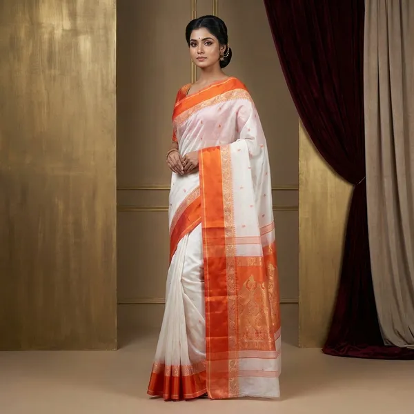 Velvet_Border_Bengal_Handloom_Hazar_Butti_Cotton_Saree_In_White_Beige_And_Orange