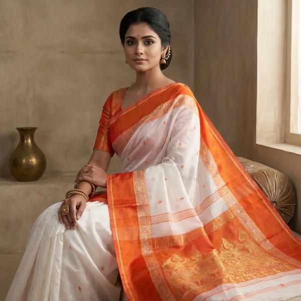 Velvet_Border_Bengal_Handloom_Hazar_Butti_Cotton_Saree_In_White_Beige_And_Orange
