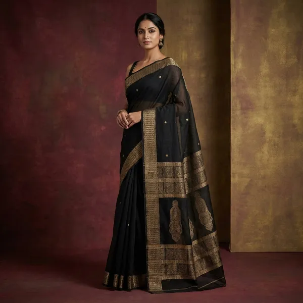 Medium_Size_Thread_Nakshi_Border_Premium_Quality_Bengal_Handloom_Cotton_Saree_In_Black_And_Beige
