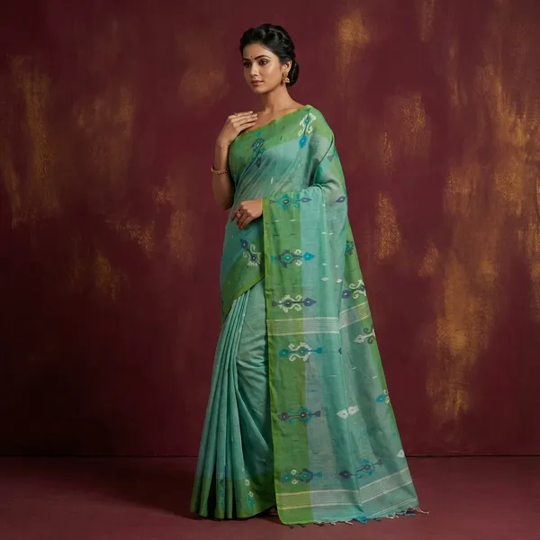 Hand_Work_Cotton_Dhakai_Jamdani_Saree_In_Mint_Blue_Diffuse_Green_And_Multicolor