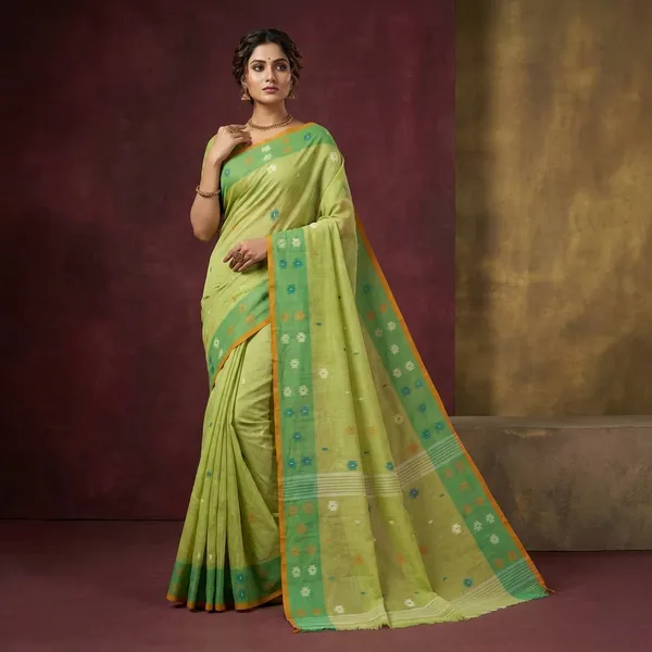Hand_Work_Cotton_Dhakai_Jamdani_Saree_In_Lime_Green_Green_Mustard_Brown_And_Multicolor