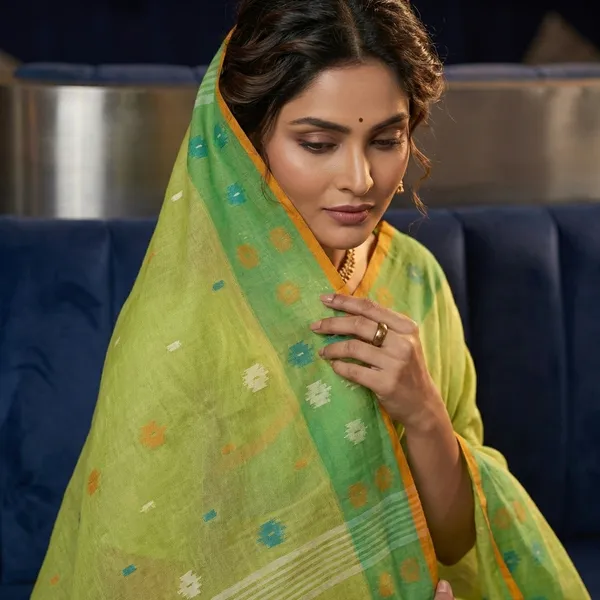 Hand_Work_Cotton_Dhakai_Jamdani_Saree_In_Lime_Green_Green_Mustard_Brown_And_Multicolor