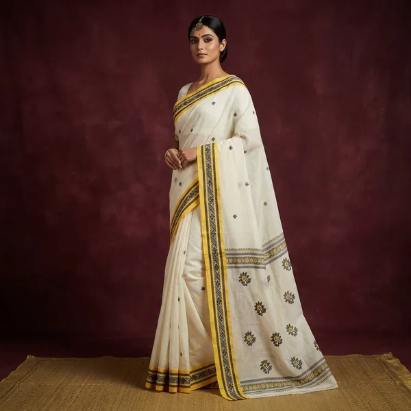 Medium_Size_Thread_Nakshi_Border_Premium_Quality_Bengal_Handloom_Cotton_Saree_In_Off_White_Yellow_And_Black