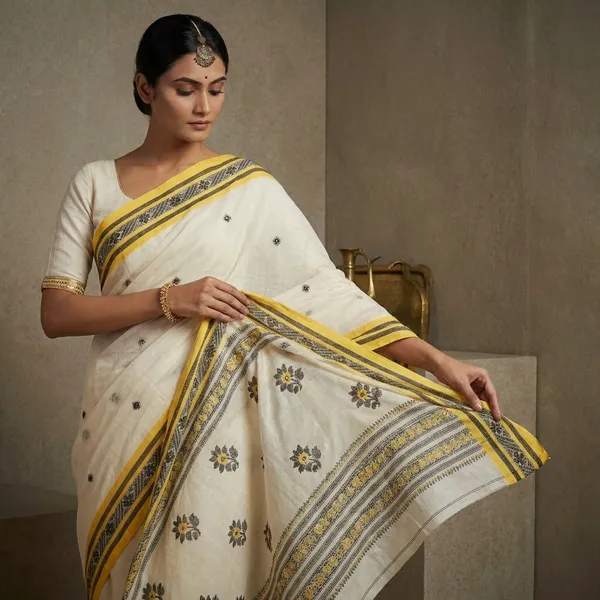 Medium_Size_Thread_Nakshi_Border_Premium_Quality_Bengal_Handloom_Cotton_Saree_In_Off_White_Yellow_And_Black