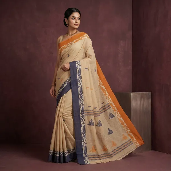 Woven_Matta_Karat_Jamdani_Border_Premium_Quality_Bengal_Handloom_Cotton_Saree_In_Tortilla_Slate_Grey_And_Mustard_Brown