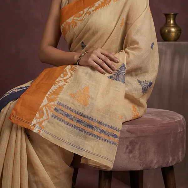 Woven_Matta_Karat_Jamdani_Border_Premium_Quality_Bengal_Handloom_Cotton_Saree_In_Tortilla_Slate_Grey_And_Mustard_Brown