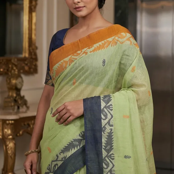 Woven_Matta_Karat_Jamdani_Border_Premium_Quality_Bengal_Handloom_Cotton_Saree_In_Paste_Green_Slate_Grey_And_Mustard_Brown