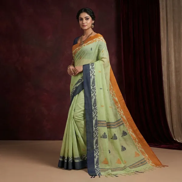 Woven_Matta_Karat_Jamdani_Border_Premium_Quality_Bengal_Handloom_Cotton_Saree_In_Paste_Green_Slate_Grey_And_Mustard_Brown