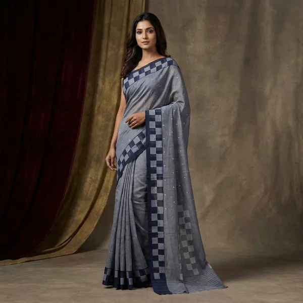 Hand_Woven_Pure_Cotton_Bengal_Jamdani_Saree_In_Steel_Gray_Midnight_Blue_And_Off_White_Thread_Work