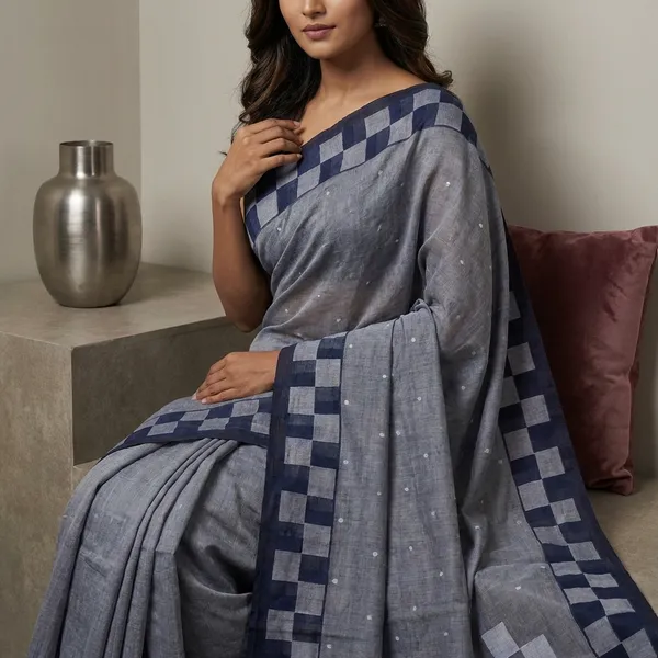 Hand_Woven_Pure_Cotton_Bengal_Jamdani_Saree_In_Steel_Gray_Midnight_Blue_And_Off_White_Thread_Work