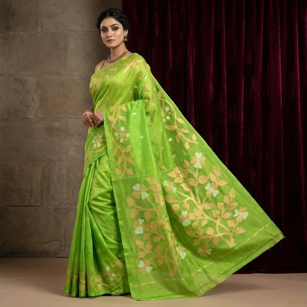 Hand_Woven_Muslin_Silk_Jamdani_Saree_In_Bright_Green_Matt_Yellow_And_Off_White_Thread_Work