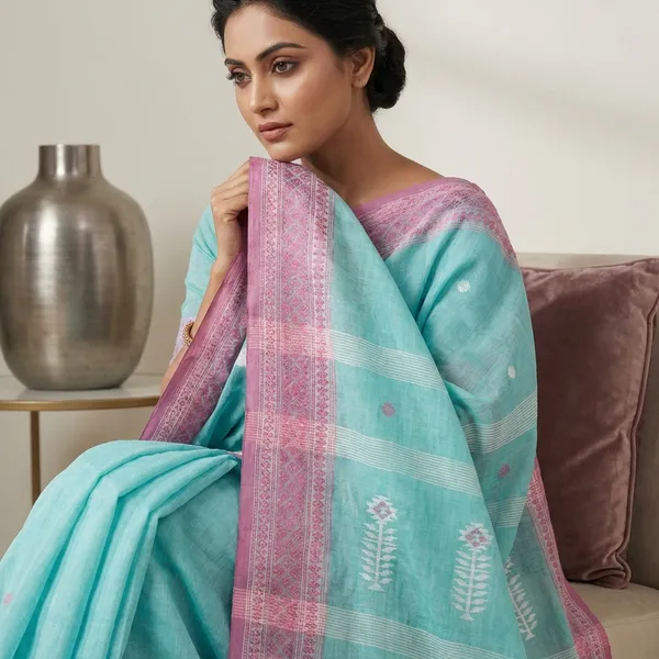Woven_Matta_Nakshi_Border_Premium_Quality_Bengal_Handloom_Cotton_Saree_In_Turquoise_Plum_And_Off_White