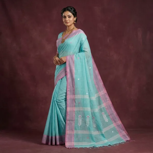 Woven_Matta_Nakshi_Border_Premium_Quality_Bengal_Handloom_Cotton_Saree_In_Turquoise_Plum_And_Off_White