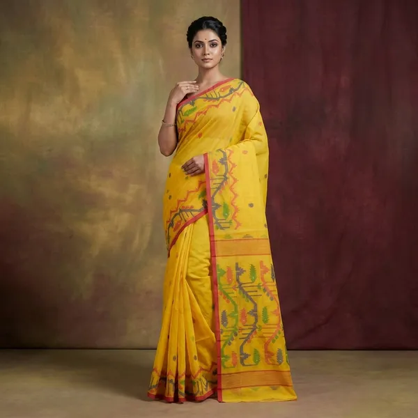 Hand_Karat_Needle_Woven_Work_Pure_Cotton_Bengal_Jamdani_Saree_Yellow_Red_And_Multicolor