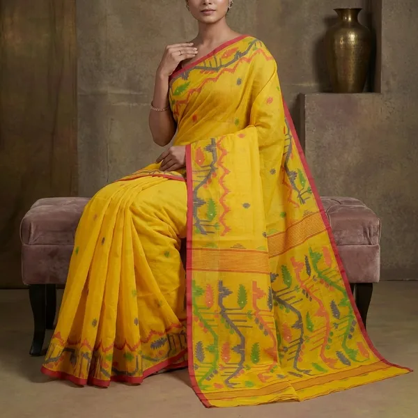 Hand_Karat_Needle_Woven_Work_Pure_Cotton_Bengal_Jamdani_Saree_Yellow_Red_And_Multicolor